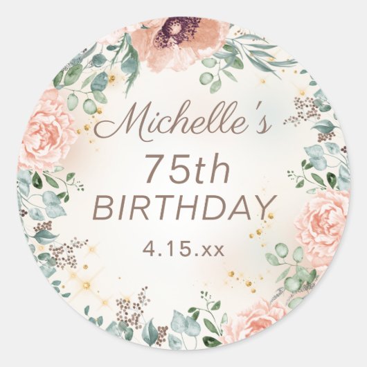 エレガントなピンクの水彩花 75歳の誕生日 ラウンドシール (正面)