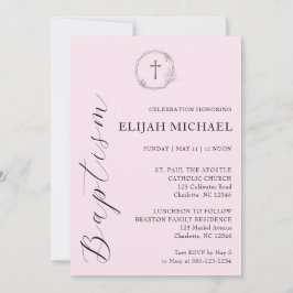エレガントなピンクの洗礼クロスリース招待状 招待状