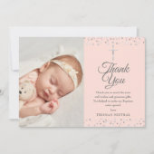 エレガントなピンクの洗礼 銀のハートの写真 サンキューカード (正面)