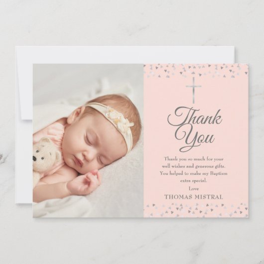エレガントなピンクの洗礼 銀のハートの写真 サンキューカード (正面)