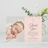 エレガントなピンクの洗礼 銀のハートの写真 サンキューカード (スタンド正面)