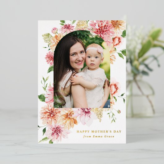 エレガントなピンクの牡丹の花2枚の写真の母の日カード 箔シーズンカード (立ち正面)