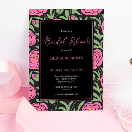 エレガントなピンクの牡丹の花 ブライダルシャワー 招待状