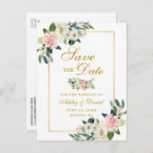 エレガントなピンクの白い花柄の保存日付の金ゴールド 案内ポストカード (正面/裏面)