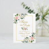 エレガントなピンクの白い花柄の保存日付の金ゴールド 案内ポストカード (スタンド正面)