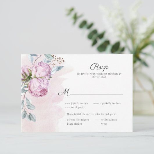 エレガントなピンクの芍薬と賢いグリーンの結婚式 出欠カード (スタンド正面)