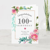 エレガントなピンクの芍薬のフラワーデザインの100歳の誕生日 カード (正面)