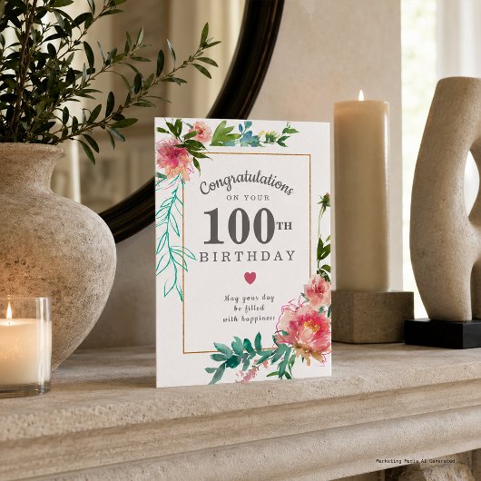エレガントなピンクの芍薬のフラワーデザインの100歳の誕生日 カード