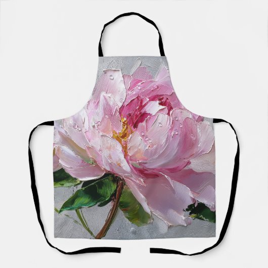 エレガントなピンクの芍薬の厚塗り油絵 エプロン (正面)