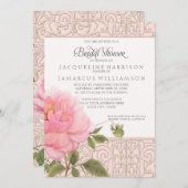 エレガントなピンクの芍薬の花とグリーンが美しい ブライダルシャワーパーティー 招待状 (正面/裏面)