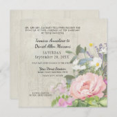 エレガントなピンクの芍薬の花とグリーンとルースウッド 招待状 (正面/裏面)