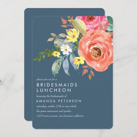 エレガントなピンクの芍薬の花嫁仲間のランチョン ブルーウェディング 招待状 (正面/裏面)