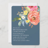エレガントなピンクの芍薬の花嫁仲間のランチョン ブルーウェディング 招待状 (正面)