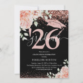 エレガントなピンクの花とグリッターの卒業パーティー 招待状 (正面)