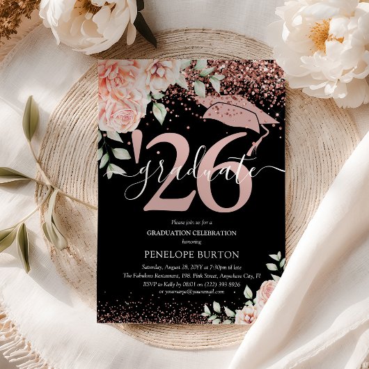エレガントなピンクの花とグリッターの卒業パーティー 招待状