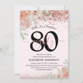 エレガントなピンクの花とグリッターの80歳の誕生日パーティー 招待状 (正面)