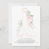 エレガントなピンクの花とグリーン ブライダルシャワー 招待状 (正面)