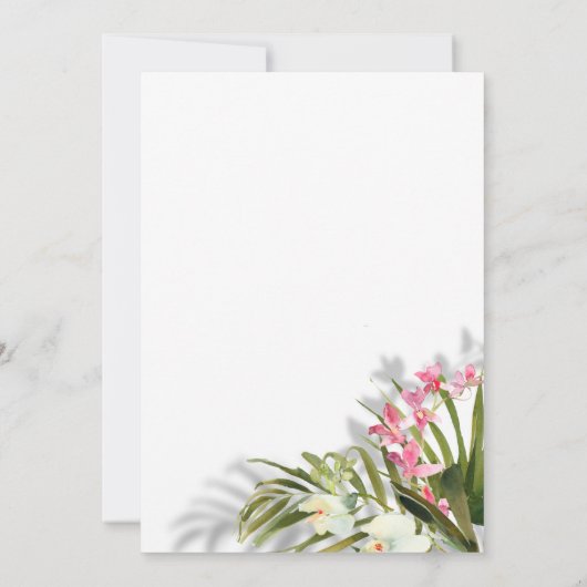 エレガントなピンクの花とヤシの木の影のビーチウェディング 招待状 (裏面)