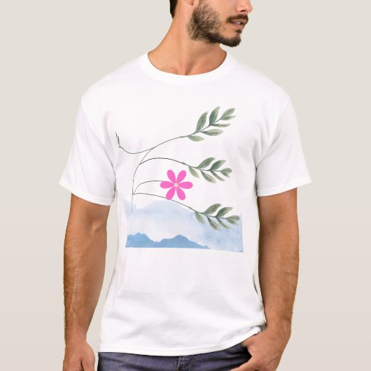 エレガントなピンクの花と植物の葉の芸術的なメンズTシャツ Tシャツ (正面)