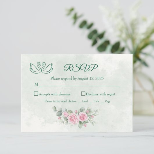 エレガントなピンクの花と白鳥の結婚式RSVPカード 出欠カード (スタンド正面)