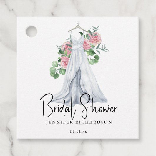 エレガントなピンクの花と緑の葉 - ブライダルシャワー フェイバータグ (正面)