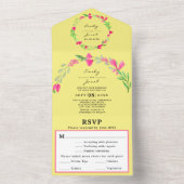 エレガントなピンクの花と緑、淡い黄色のウェディングRSVP オールインワン招待状 (内側)