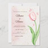 エレガントなピンクの花と蝶のウェディングカード 招待状 (正面)