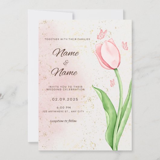 エレガントなピンクの花と蝶のウェディングカード 招待状 (正面)