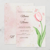 エレガントなピンクの花と蝶の結婚式の招待状 招待状 (正面/裏面)