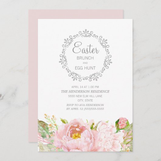 エレガントなピンクの花のイースターブランシュ イースターエッグハント 招待状 (正面/裏面)