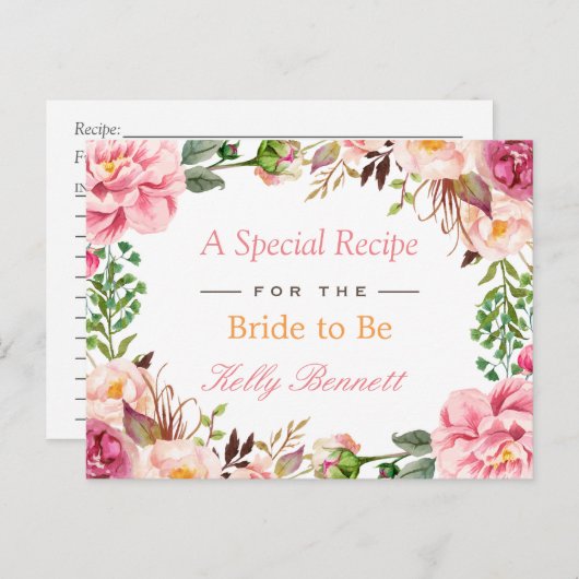 エレガントなピンクの花のウェディングシャワーレシピ ポストカード (正面/裏面)