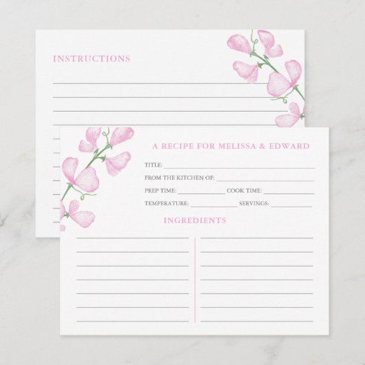 エレガントなピンクの花のウェディングシャワー レシピ カード (正面/裏面)