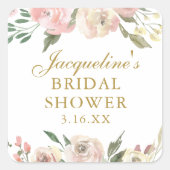 エレガントなピンクの花のカスタムゴールド ブライダルシャワー スクエアシール (正面)