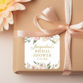 エレガントなピンクの花のカスタムゴールド ブライダルシャワー スクエアシール