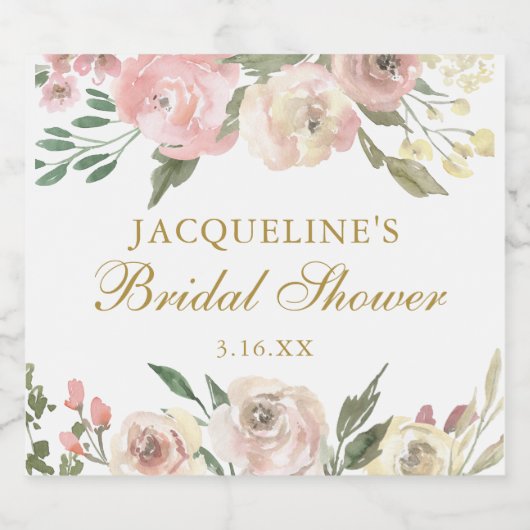 エレガントなピンクの花のカスタムゴールド ブライダルシャワー スパークリングワインラベル (シングルラベル)