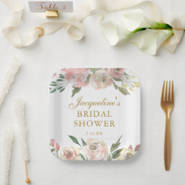エレガントなピンクの花のカスタムゴールド ブライダルシャワー ペーパープレート