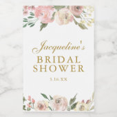 エレガントなピンクの花のカスタムゴールド ブライダルシャワー ワインラベル (シングルラベル)