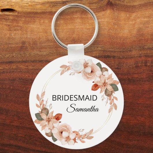 エレガントなピンクの花のカスタム名のブライズメイド キーホルダー (正面)