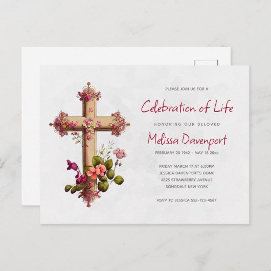エレガントなピンクの花のクロス 追悼招待状 ポストカード (正面/裏面)