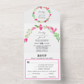 エレガントなピンクの花のグリーン ホワイト ウェディング RSVP オールインワン招待状 (内側)