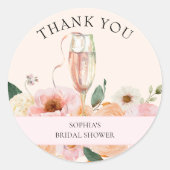 エレガントなピンクの花のシャンパン サンキュー ラウンドシール (正面)