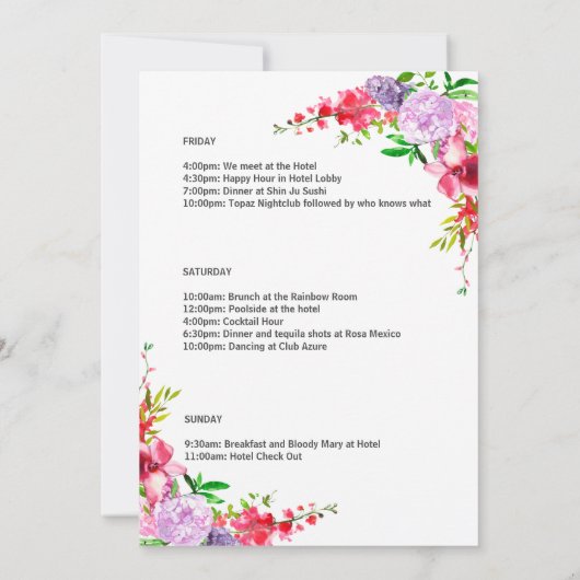 エレガントなピンクの花のバチェロレッテウィークエンドの予定 招待状 (裏面)