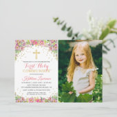 エレガントなピンクの花のファーストホーリーコミュニオン写真 招待状 (スタンド正面)