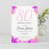 エレガントなピンクの花のフラワーデザイン 80歳の誕生日パーティー 招待状 (スタンド正面)