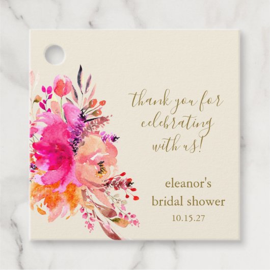 エレガントなピンクの花のブライダルシャワーカスタムサンキュ フェイバータグ (正面)