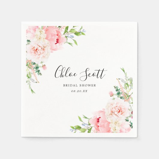 エレガントなピンクの花のブライダルシャワーカスタム スタンダードカクテルナプキン (正面)