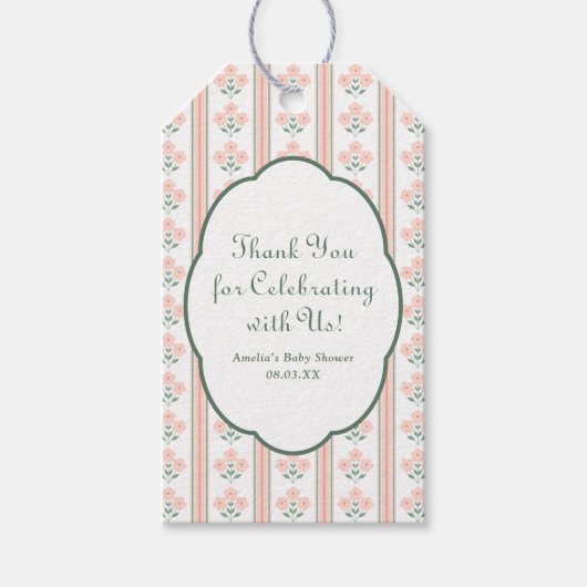エレガントなピンクの花のベイビーシャワー感謝祭 ギフトタグ (正面)