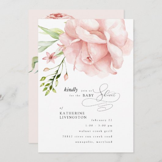 エレガントなピンクの花のベビーシャワー招待状 招待状 (正面/裏面)