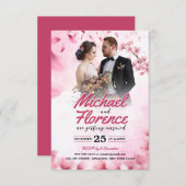 エレガントなピンクの花のモダンな結婚式の写真 招待状 (正面/裏面)