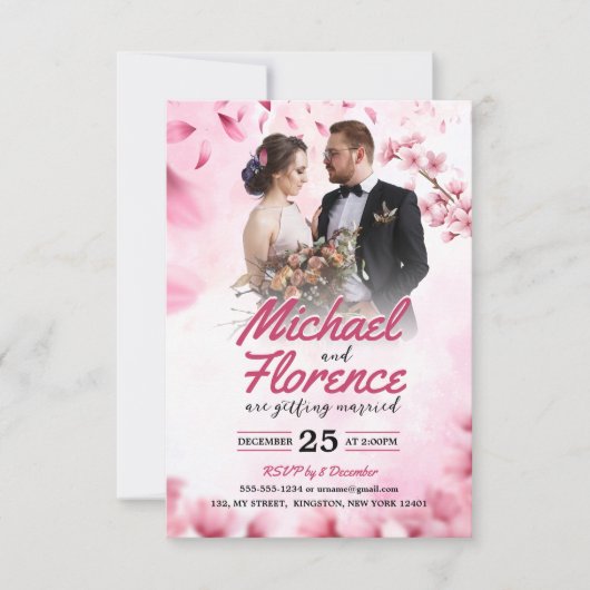 エレガントなピンクの花のモダンウェディングフォト 招待状 (正面)